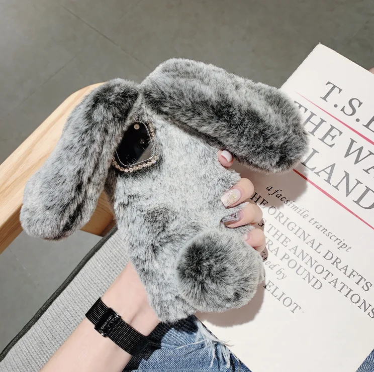 rabbit balck Чехол для телефона с пушистым плюшевым теплым кроликом для iPhone 11 Pro Max X XR XS Max 6 6 s 7Plus 8Plus чехол из мягкого ТПУ с меховым кроликом и бриллиантами - Цвет: rabbit balck