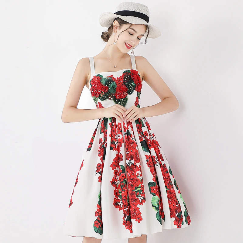 

Red RoosaRosee Elegant Beads Strap Dress For Women Sleeveless High Waist Flower Print Dresses Female Summer Fashion New Vestidos