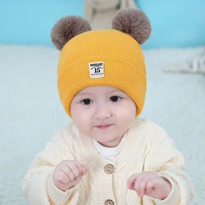 Зимняя теплая вязаная шапка с помпоном для маленьких девочек и мальчиков, теплые флисовые шапки с милыми медвежьими ушками для детей, Шапочка-шарф - Цвет: yellow hat