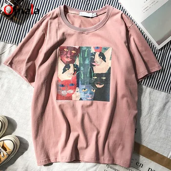 

korean female cartoon cat tops tees short sleeve casual Ulzzang kawaii pink t shirt harajuku vintage Short sleeve women T-shirts