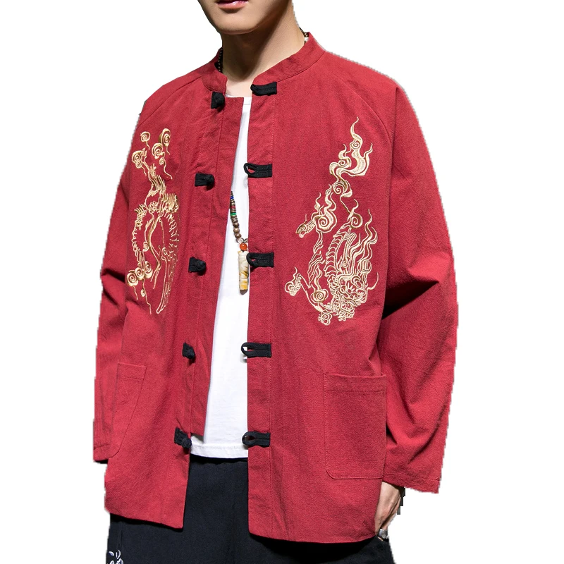 Men Red Kimono Jacket 2022 Men Cotton Jacket Print Frog Closure Button ...