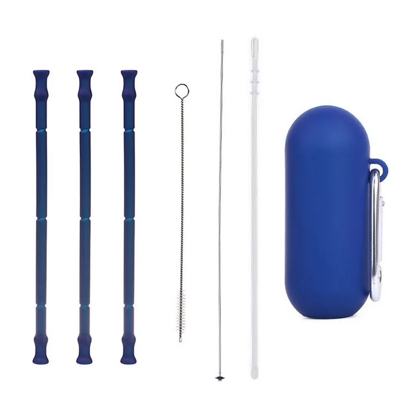 20cm blue Складная соломинка для питья, Экологичная многоразовая силиконовая соломинка с щеткой для чистки, чехол, портативная соломенная посуда - Цвет: 20cm blue