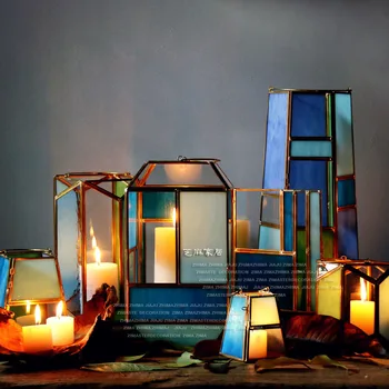 

Modern Color Geometric Glass Candlestick Metal Portable Wind Lamp Flower House Romantic Fresh Decoration Soft Decoration BB50ZT