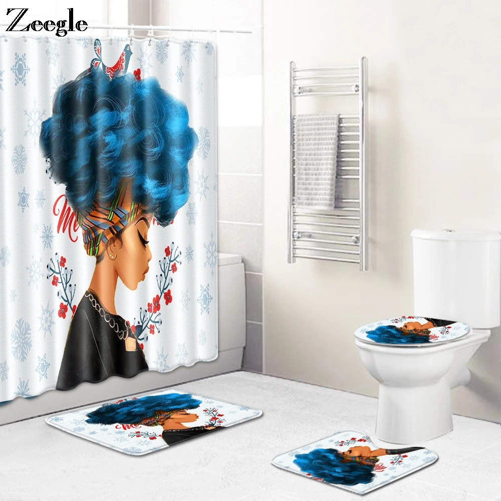 Zeegle Bath Mat and Shower Curtain Set Waterproof Bathroom Shower Curtain Toilet Cover Seat Mat Anti-slip Toilet Pedestal Rug