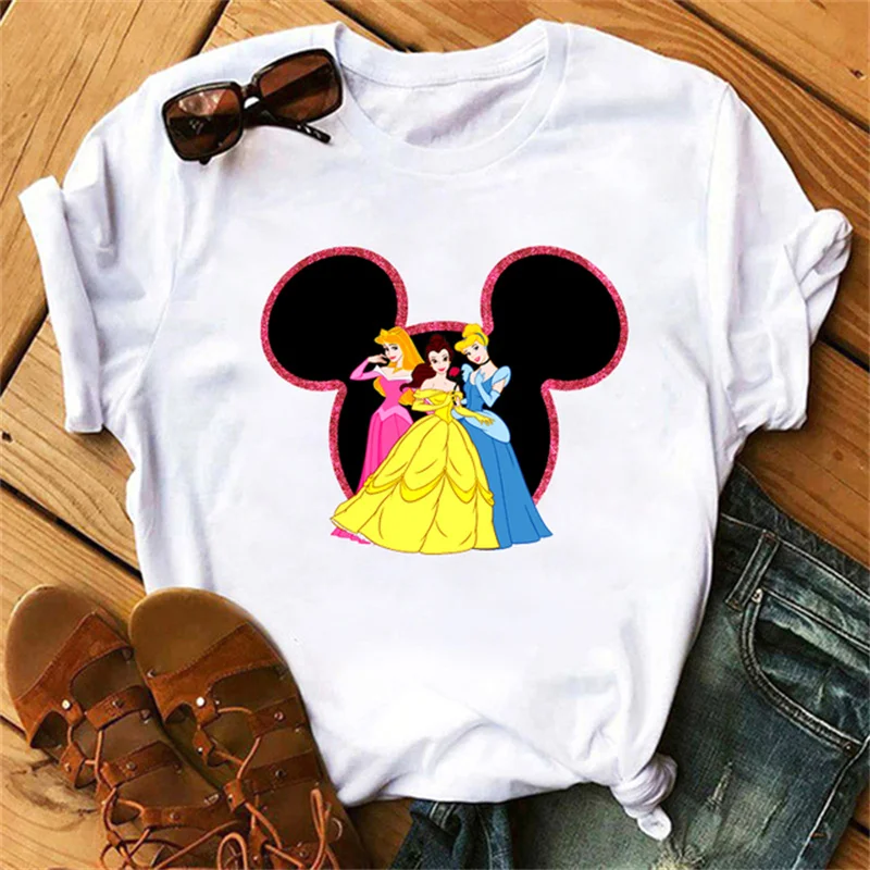 Funny Mickey Mouse Printed Women T Shirt 90s Vintage Harajuku Disney Tops White Short Sleeve Female T-shirt Streetwear Clothes
