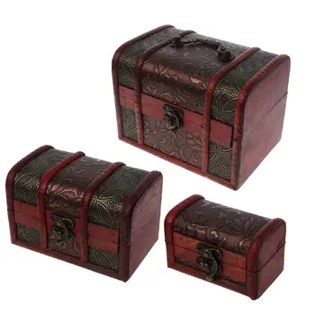 

3Pcs Vintage Wooden Treasure Chest Box Decorative Wood Storage Jewelry Keepsake AXYD