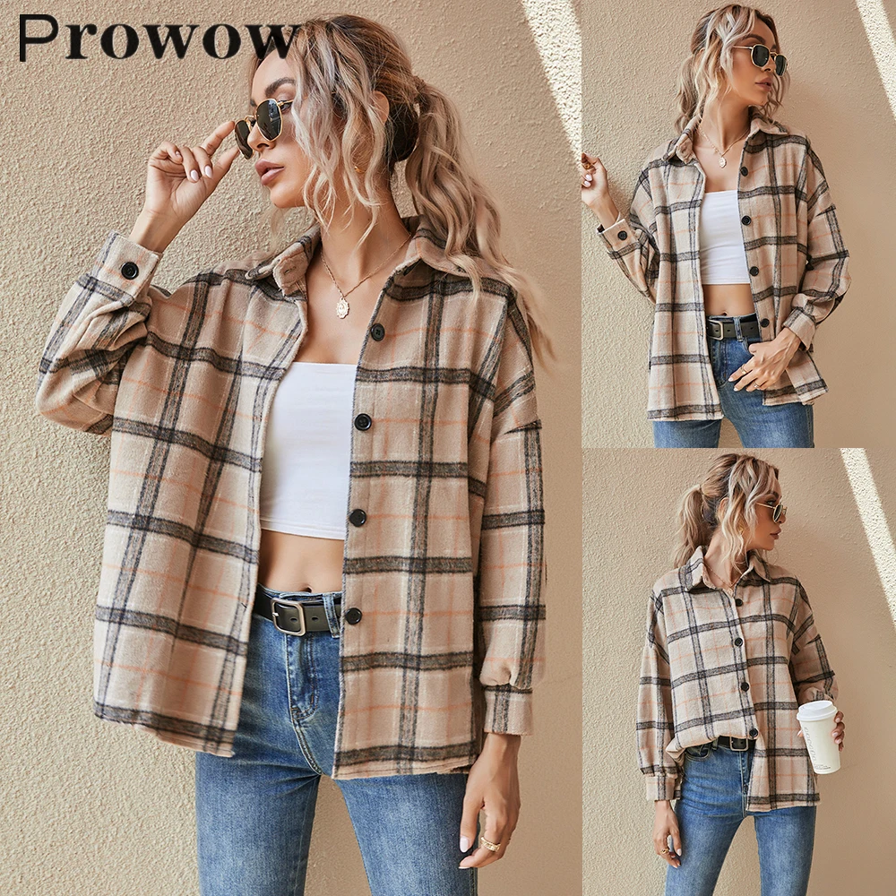 

Prowow Women Plaid Blouse Long Sleeve Vintage Autumn Cotton Blouses Plaid Shirts Oversize khaki Loose Single Breasted coat