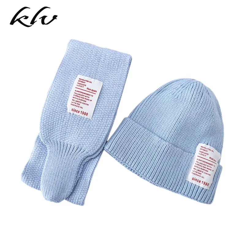 2Pcs Kids Baby Winter Hat Long Scarf Set Candy Color Letters Patch Beanie Cap