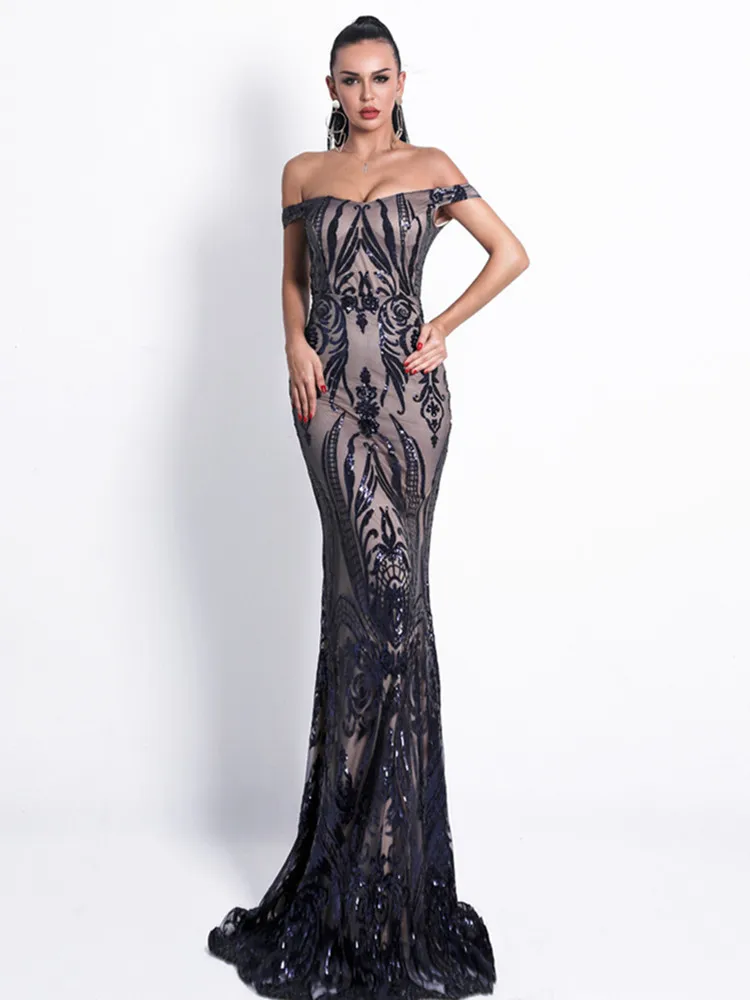 2019 Women Dress Sexy Bra Off Shoulder Dresses Female Backless Sequin Elegant Maxi Party Reflective Dress Vestdios (1)