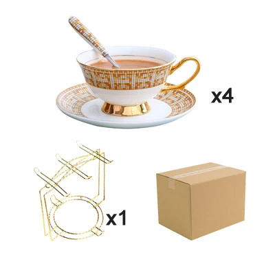 4-pcs set Мозаичная кофейная чашка из костяного фарфора, европейская послеобеденная чайная чашка с позолоченной ложкой, чайный набор, керамическая Цветочная чашка с блюдцем - Цвет: 4-pcs set