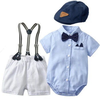 Set di vestiti Boutique per neonati completo estivo per neonati pagliaccetti blu cielo + cappello + pantaloncini bianchi Set di abbigliamento formale per il compleanno del gentiluomo
