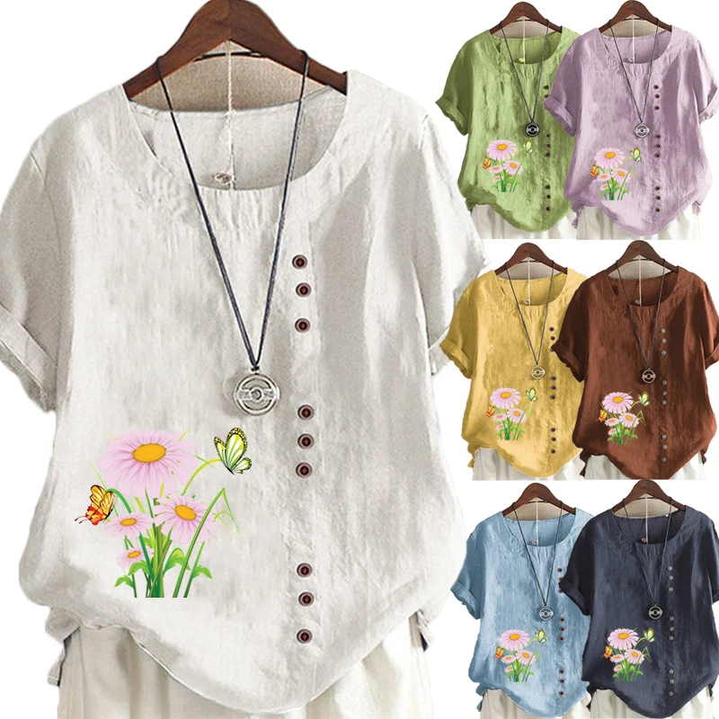 

Summer Casual Daisy Print Loose T-shirts Vintage Cotton and linen O-Neck Plus Size Short Sleeve Blouse Tops For Women S-5XL