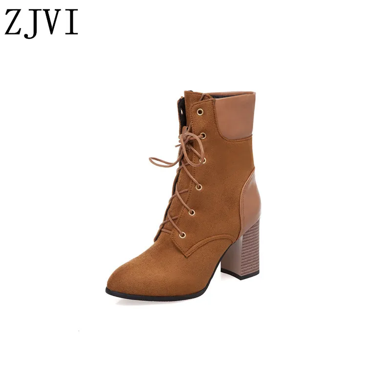 

ZJVI 2020 winter woman NUBUCK suede lace up women ankle boots warm for gils lace up children ladies 8cm square high heels shoes