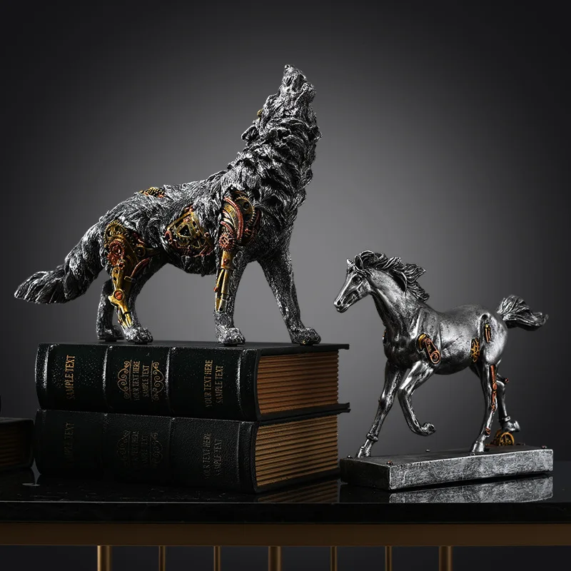 

Creative Mechanical Wolf Horse Statue Resin Animal Figurine Sculpture Home Office Bar Store Decoration Ornament Crafts Drop Ship