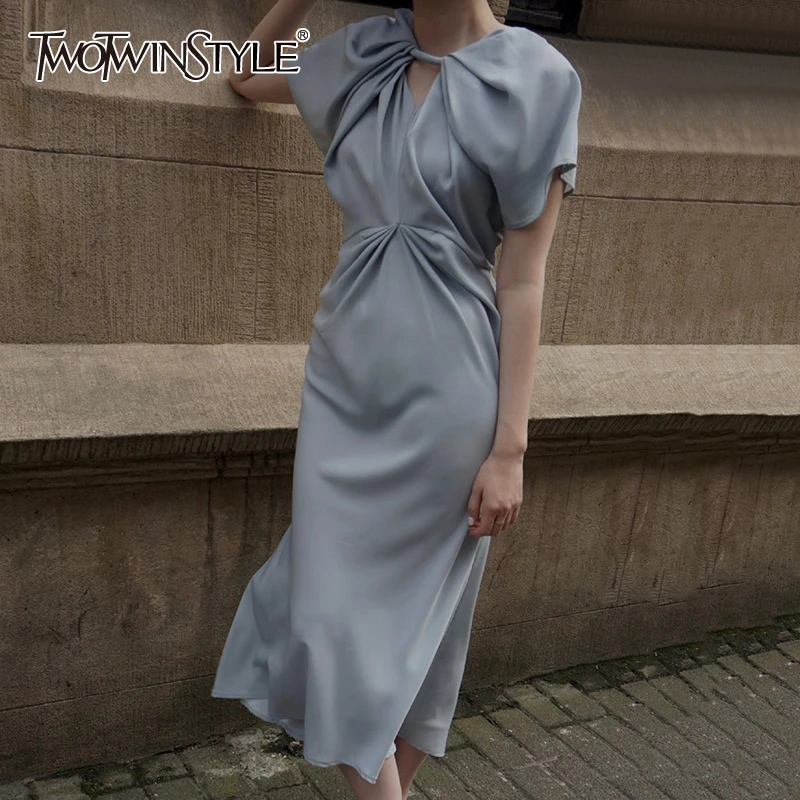 TWOTWINSTYLE Elegant Summer Dress Women O Neck Short Sleeve High Waist Ruched Hollow Out Loose Dresses For Female Fashion Tide TWOTWINSTYLE Elegant Summer Dress Women O Neck Short Sleeve High Waist Ruched Hollow Out Loose Dresses For Female Fashion Tide