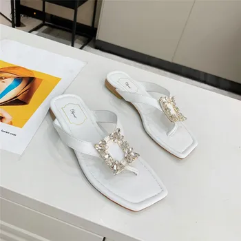 

OllyMurs Fashion Genuine Leather Woman Summer Slippers Crystal Women Shoes Flat Slippers Casual Comfortable Shoes Woman