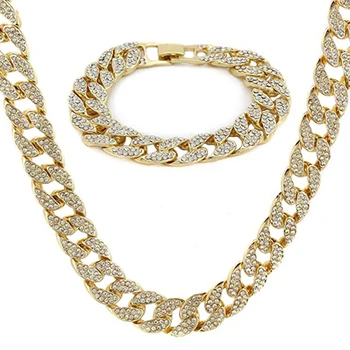 

Iced Out Bling Crystal Rhinestone Gold 15mm Men Miami Cuban Link Chain CZ Necklace Bracelets Men's Hip Hop Jewelry Gift