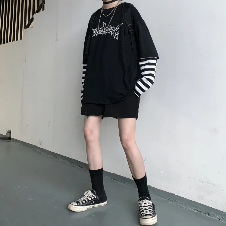 Woherb Harajuku Лоскутная полосатая футболка Женская Мужская Унисекс поддельная 2 шт. футболка с буквенным принтом Футболки с длинным рукавом Уличная одежда