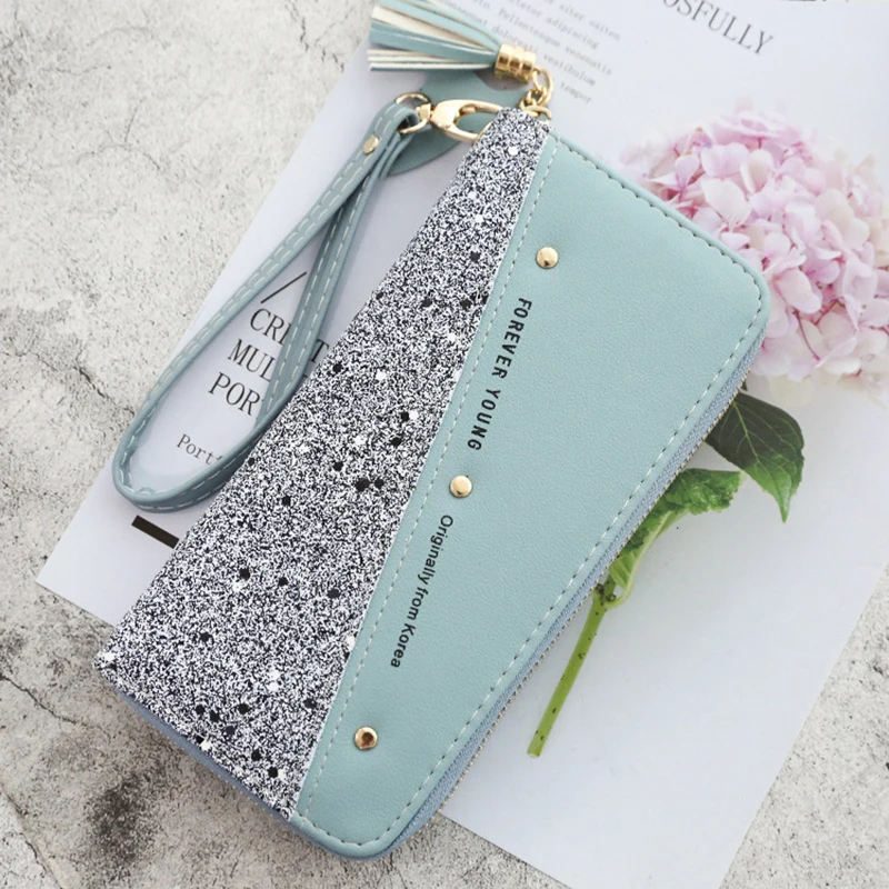 Sequined Luxury Brand PU Leather Women Long Zipper Coin Purses Tassel Design Clutch Wallet Female Money Credit Card Holder