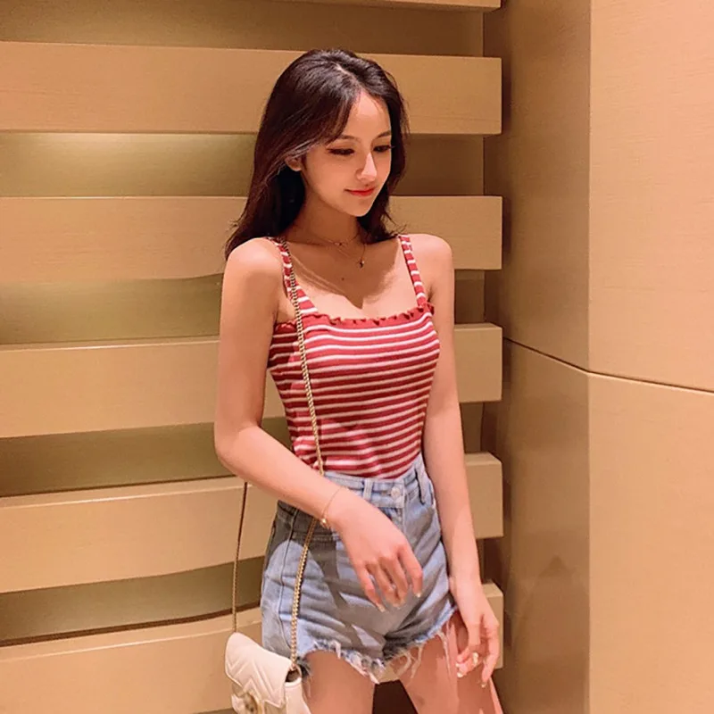 Women Sexy Strinped Camisole Short Tops Sleeveless Cotton Unpadded Bandeau Sling Knitting Camisole - Цвет: Красный