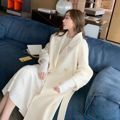 Pearl White no slit GUESOD, зимнее шерстяное пальто, Женское шерстяное пальто, длинная Дизайнерская верхняя одежда с поясом, отложной воротник, универсальное двустороннее шерстяное пальто - Цвет: Pearl White no slit
