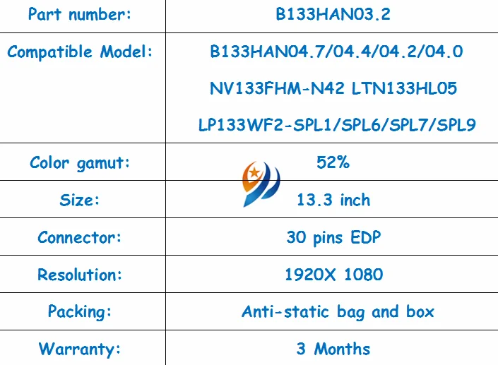 13,3 дюймов 72% цвет ноутбука lcd ips экран B133HAN03.2 подходит B133HAN04.7/04,4/04,2/04,0 NV133FHM-N42 LP133WF2-SPL1 1920*1080 панели