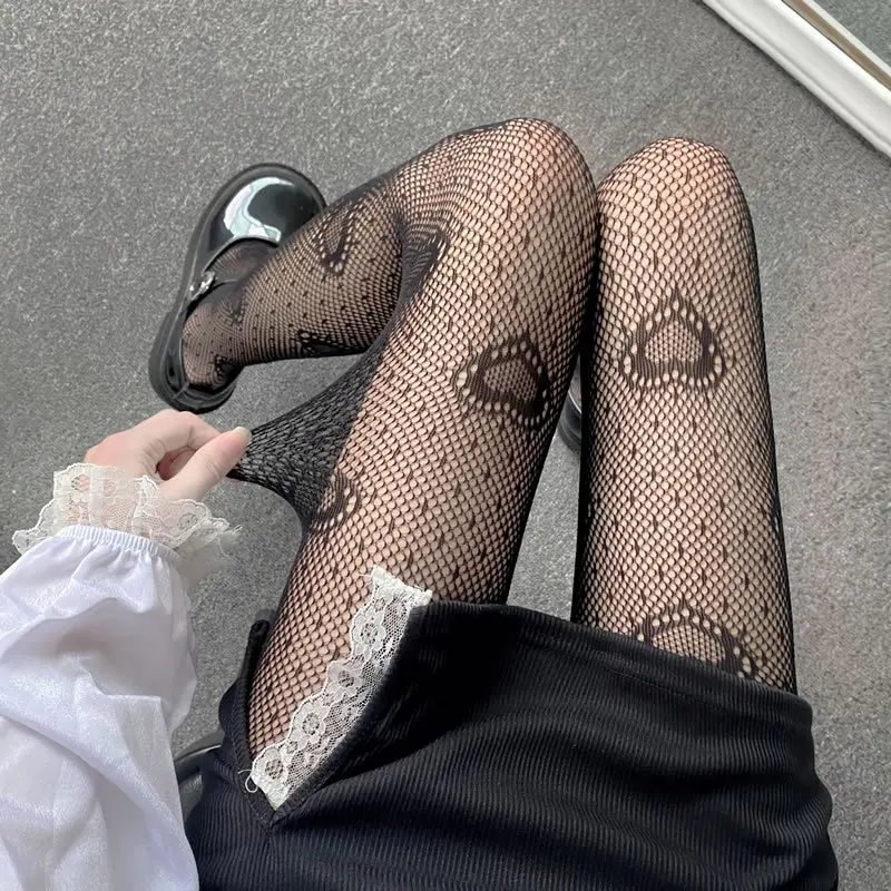 plus size knee high socks Women Black Heart Dot Jacquard Fishnet Pantyhose Punk Hollow Out Tights Black Heart Dot Jacquard Stocking Cosplay Party Lingerie smartwool socks women