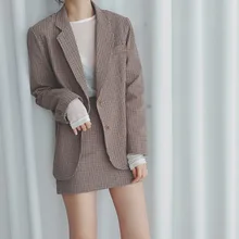 Повседневный комплект из 2 предметов, женские костюмы, клетчатый блейзер с длинным рукавом, пиджак+ короткая юбка-карандаш, комплект,, Осенний Блейзер, женский костюм