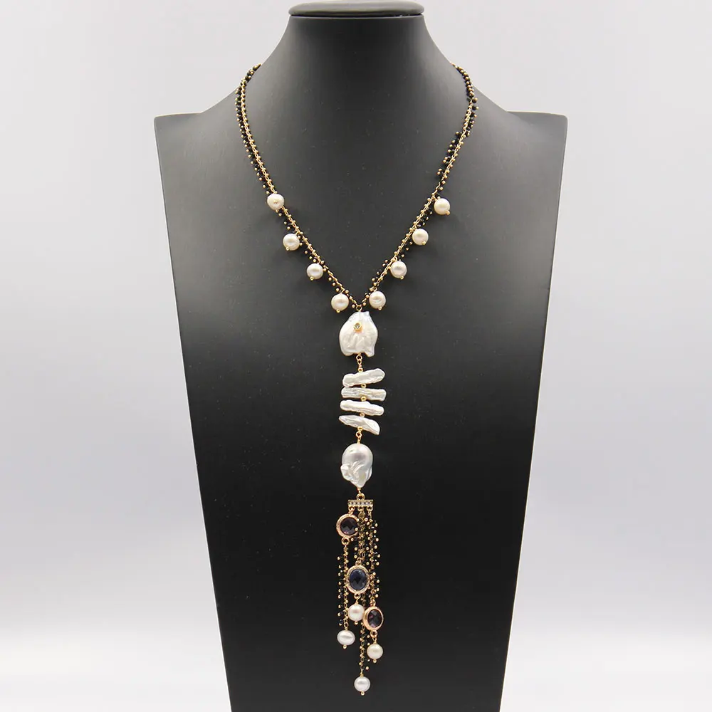 Women Jewelry Black Freshwater Pearl & White Coin Pearl Long Necklace 50" 
