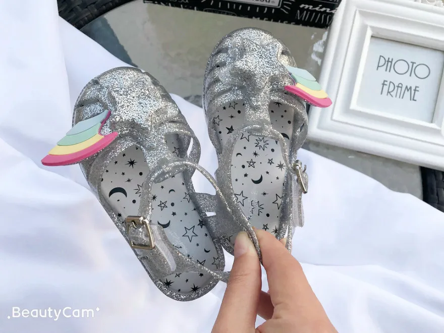 Melissa/мини-обувь г. Новая летняя прозрачная обувь принцессы с бантом и Микки Нескользящие пляжные сандалии для девочек ясельного возраста штифт для пирсинга SH19090 - Цвет: silver