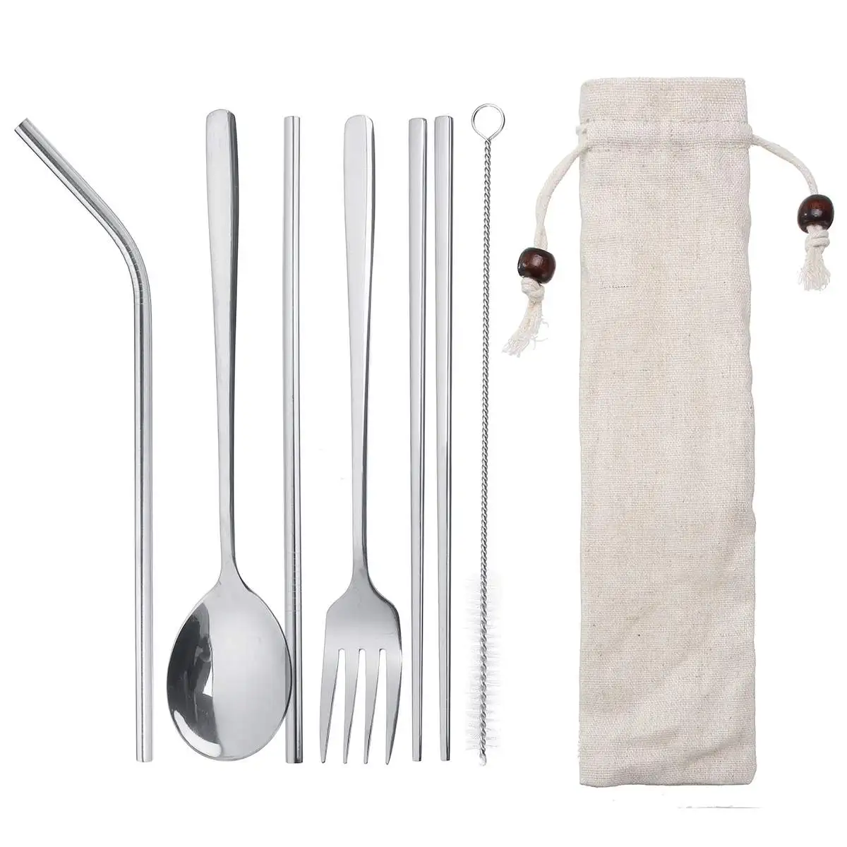 Silver Portable Travel Dinneware Set Stainless Steel Fork Scoop Chopsticks Reusable Straw Silverwar Set Rainbow Cutlery with Pouch - Color: Silver