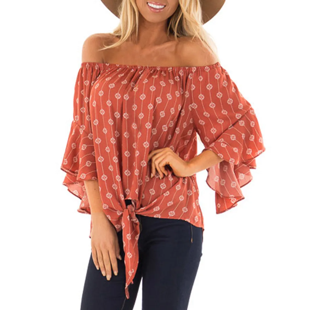 Womens Off Shoulder Top Retro Print Three Quarter Sleeve Tops And Blouses Summer VogueTunic Shirt Tie Blusas Femininas |