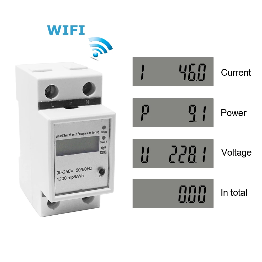 WIFI Din Rail Watt Meter AC 220V Ammeter Voltmeter Single Phase Volt Amp Active Power Energy Meter Voltage Current Montior