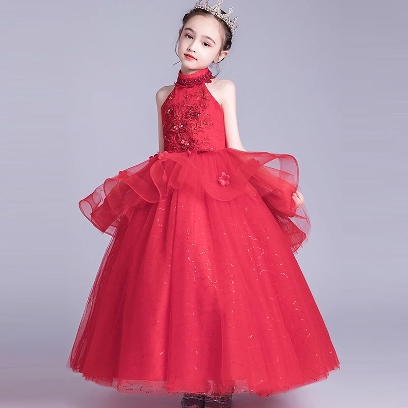 red long dress Новинка; сезон зима-осень; высококачественное детское Яркое Красное Пышное Платье принцессы на свадьбу и день рождения детское Новогоднее платье на Рождество - Цвет: red long dress