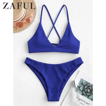 

ZAFUL Sexy Crisscross Ribbed Blue Solid Bikini Swimsuit Woman Thong Beach Wear Bathing Suit Biquini Swimwear Brazilian Bikinis