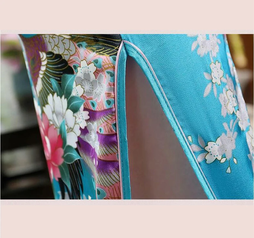 Fikoo Chinese National Spring Cheongsam Long Dress Peacock Floral Vintage Silk Dresses