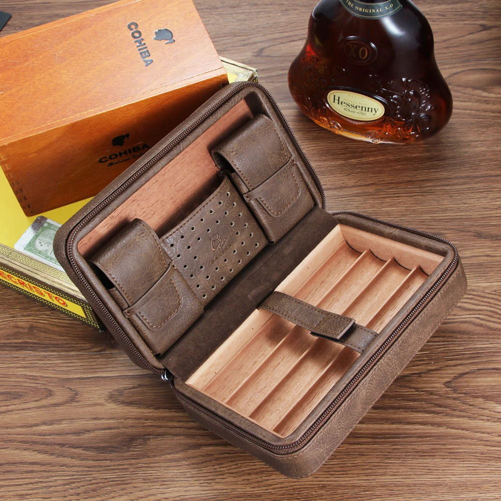 Galiner Black Cigar Case Humidor Leather Cedar Wood 3 Tube Travel Portable Box