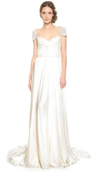 

2014 Simple Long Chiffon Bridesmaid Dress With Pearls Cap Sleeves