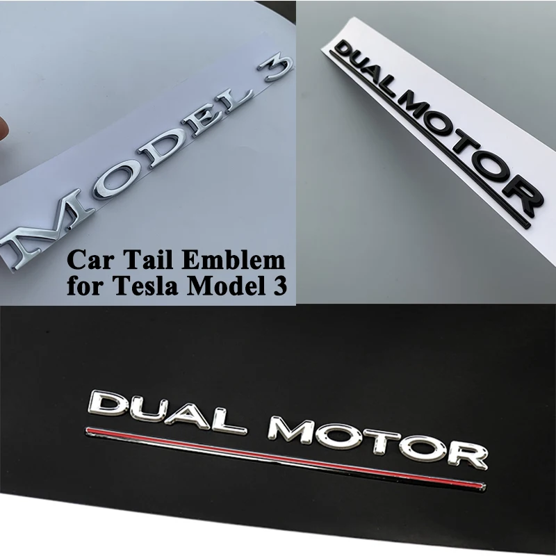 1pc ABS Styling Car Model Emblem Model 3 Dual Motor Emblem Sticker Silver Matt Black Logo Accessori
