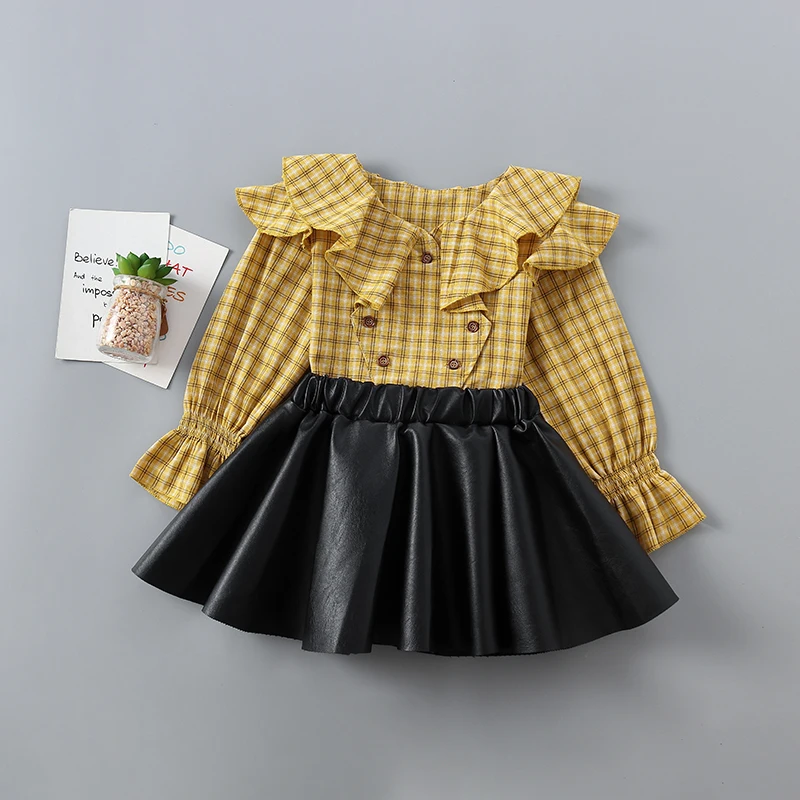 

2-7 years high quality girl clothing set 2019 new spring autumn fashion plaid shirt + leather skirt kid children girls clothing