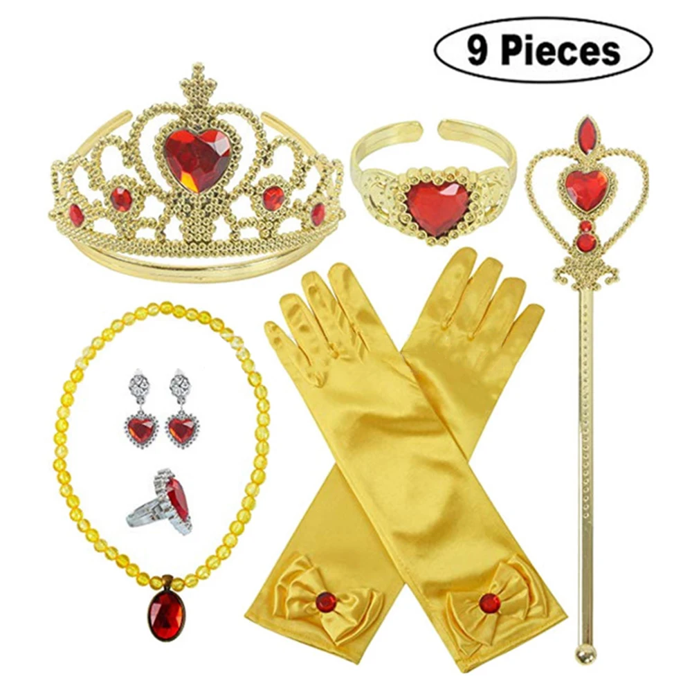 Gold-9PCS Платье принцессы Белль для костюмированной вечеринки; платья для девочек для красоты и чудовища; детская праздничная одежда; Детский костюм волшебной короны; От 4 до 10 лет - Цвет: Gold-9PCS