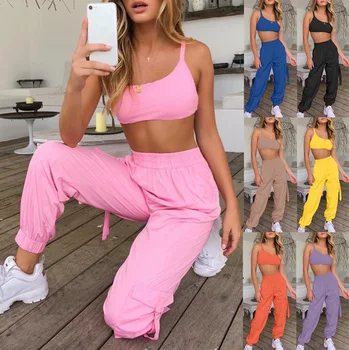 

Summer Large Size S-3XL Women Sports Two Piece Sets Solid Color Lace Tops + Casual Elastic Waist Pocket Lantern Trousers pants
