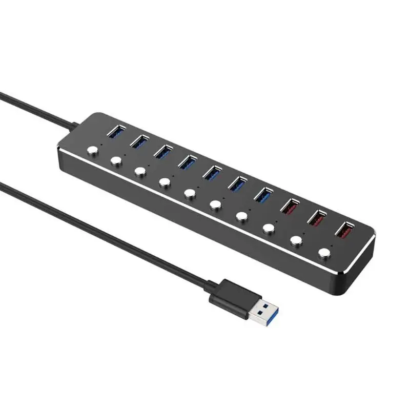 10 портов USB 3,0 концентратор Алюминиевый сплав Быстрая зарядка USB разветвитель с адаптером питания Кнопка светодиодный светильник