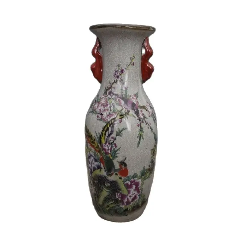 

Chinese Old Porcelain Crack Glazed Bird And Peony Painting Binaural Vase