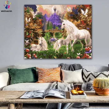 

DIY Colorings Pictures by Numbers with Colors Three Unicorns in The Castle Picture Drawing Painting by Numbers Framed Home