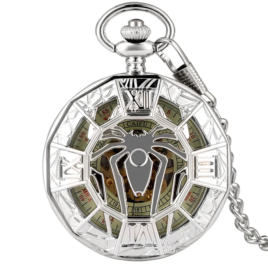 Punk Cool Spider Half Hunter Mechanical Pocket Watch Self Winding Pendant Clock Gifts for Men Women Roman Numerals Display Dial