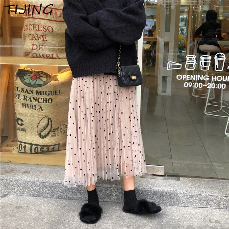 Polka Dot Reversible Velvet Midi Skirt TWO SIDES Womens Autumn Winter High Waist Long A-line Pleated Skirt Female TJ101
