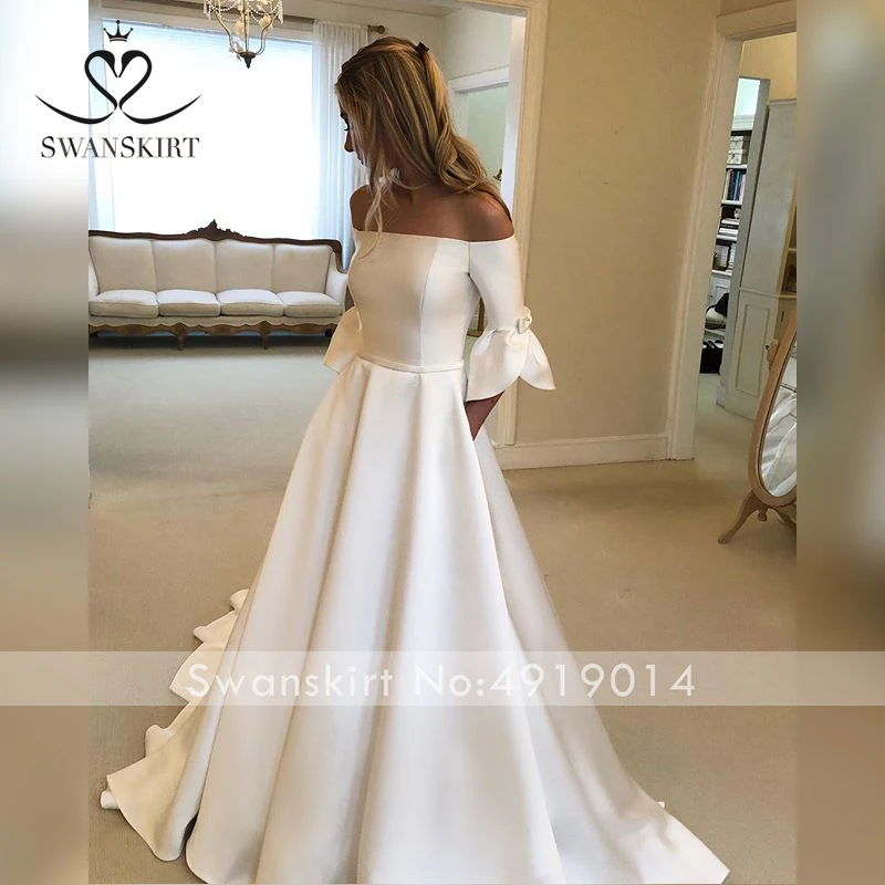 Vestido de Noiva, атласное свадебное платье принцессы,, Лебединая юбка, винтажное, с вырезом лодочкой, а-силуэт, на заказ, платье невесты, со шлейфом, WY05