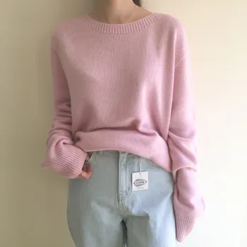 

Autumn Pink O-neck Knitted Sweater Women Long Sleeve Lazy Oaf Pullover Korean Style Ladies Casual Sweater