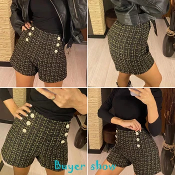 High Waist Tweed Shorts Women Casual Loose Ladies Fashion Spring Autumn Slim Button Shorts All-match 6